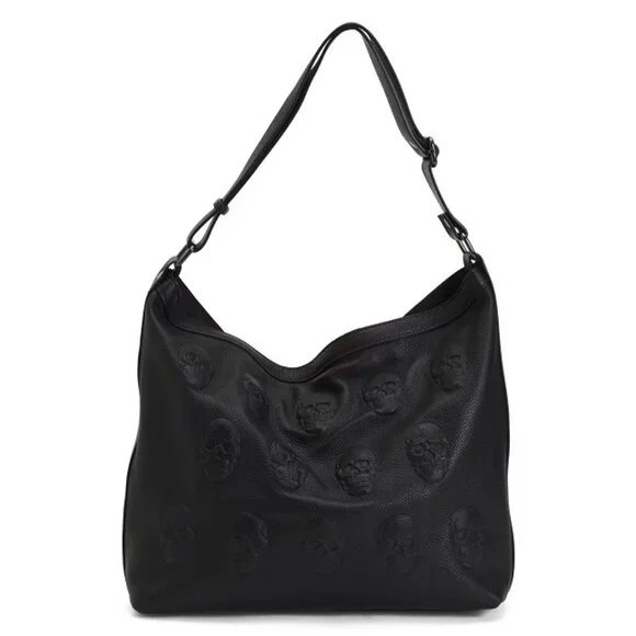IO PELLE Made In Italy Black Skull Embossed Leather Hobo Shoulder Bag - Picture 3 of 6